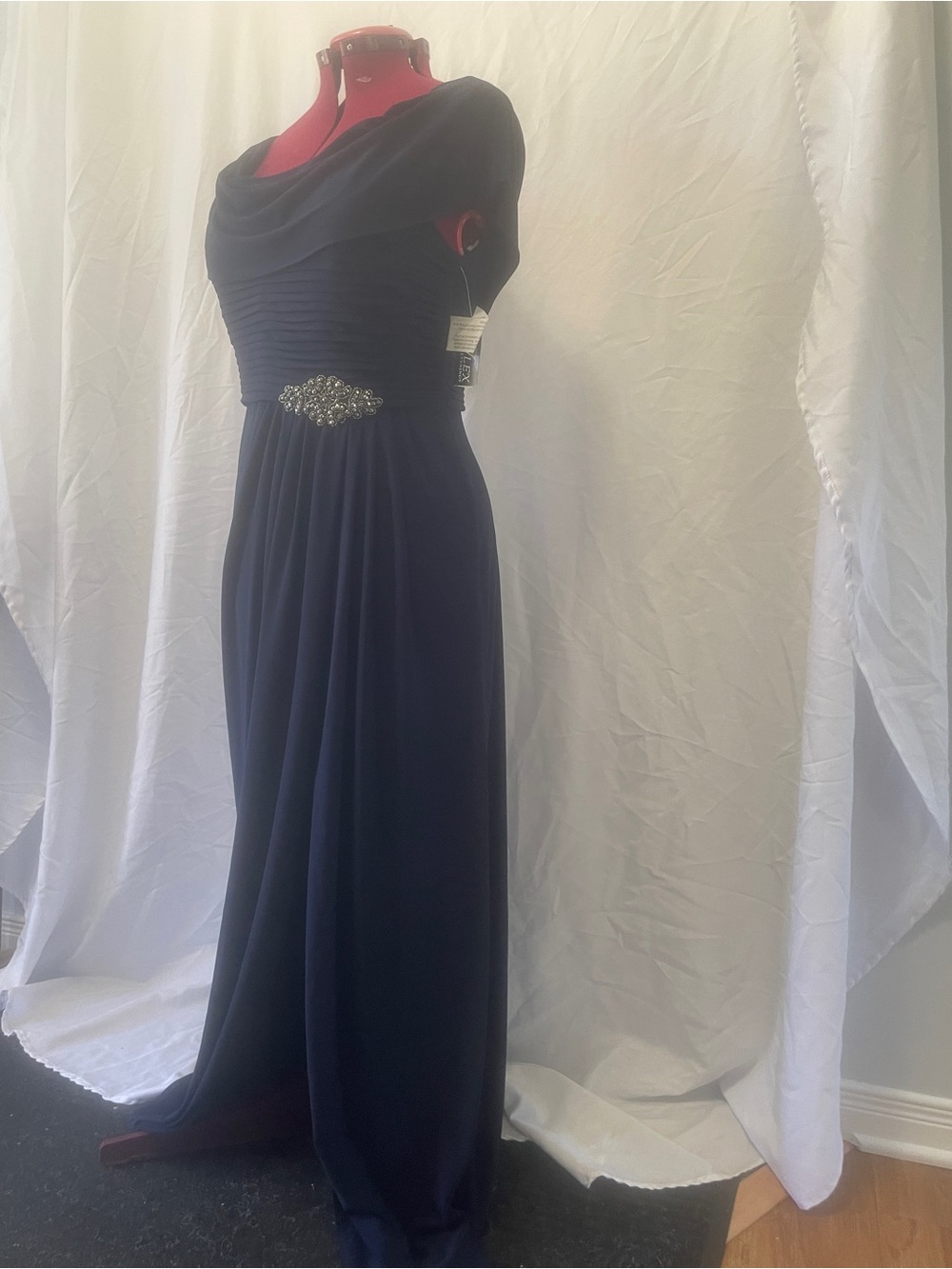 Alex Evenings Navy Blue Cowl Neck Evening Gown with Jeweled Waist
